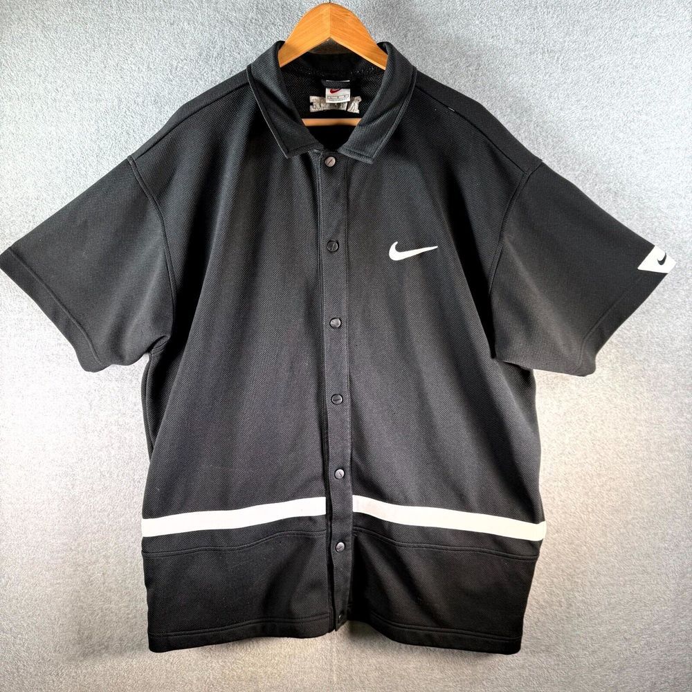 VTG Nike Warm Up Jersey Shirt Men‎ L Black Short Sleeve Snap Button Side Pockets